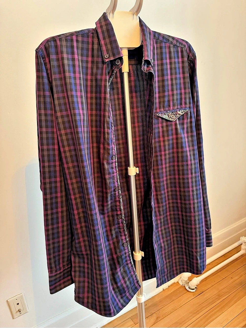 Le 31 Simons Purple and Black Checkered Semi Fit Button Down Shirt